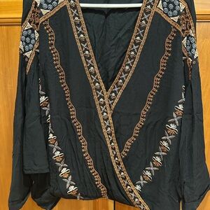 Free People Black Floral Embroidered Blouse